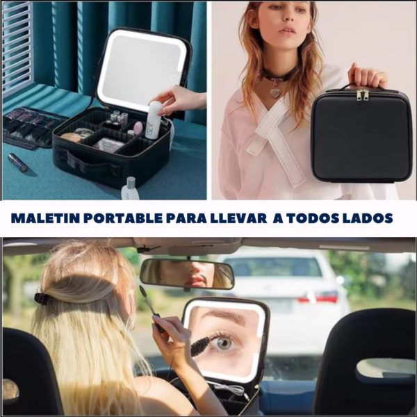 Maletín organizador de maquillaje y cosmeticos con espejo y luz LED - Imagen 6