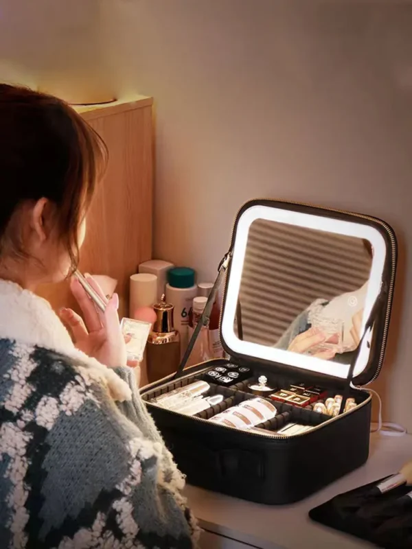 Maletín organizador de maquillaje y cosmeticos con espejo y luz LED - Imagen 7