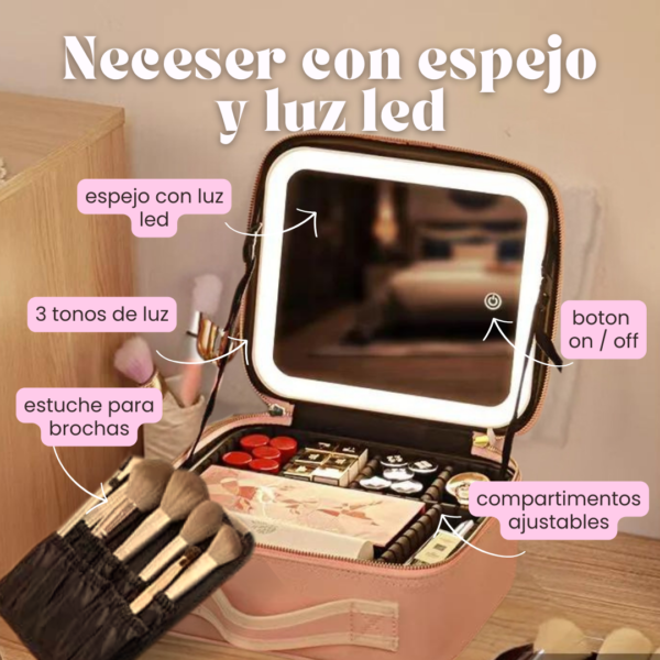 Maletín organizador de maquillaje y cosmeticos con espejo y luz LED - Imagen 2